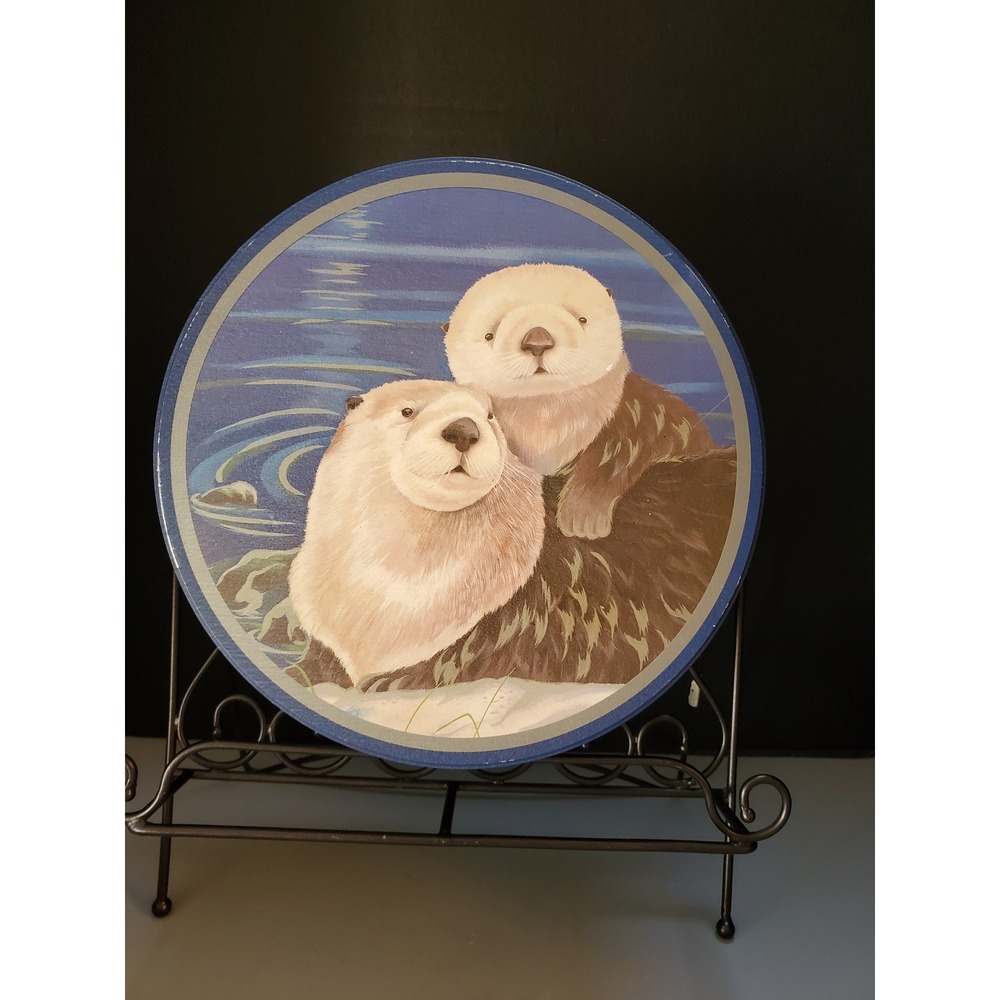 Vintage‎ Round Tin Box Sea Otters Winter Mountain Scene Collectible Storage